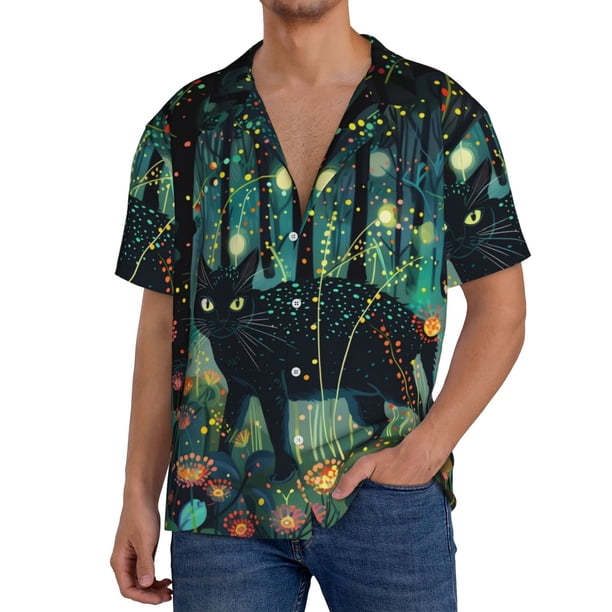 Balery Mystical Black Cat Fireflies Camisa Casual de Manga Corta con Botones para Hombre, Texturizada, Estilo Cubano, para Playa, Verano-Medium