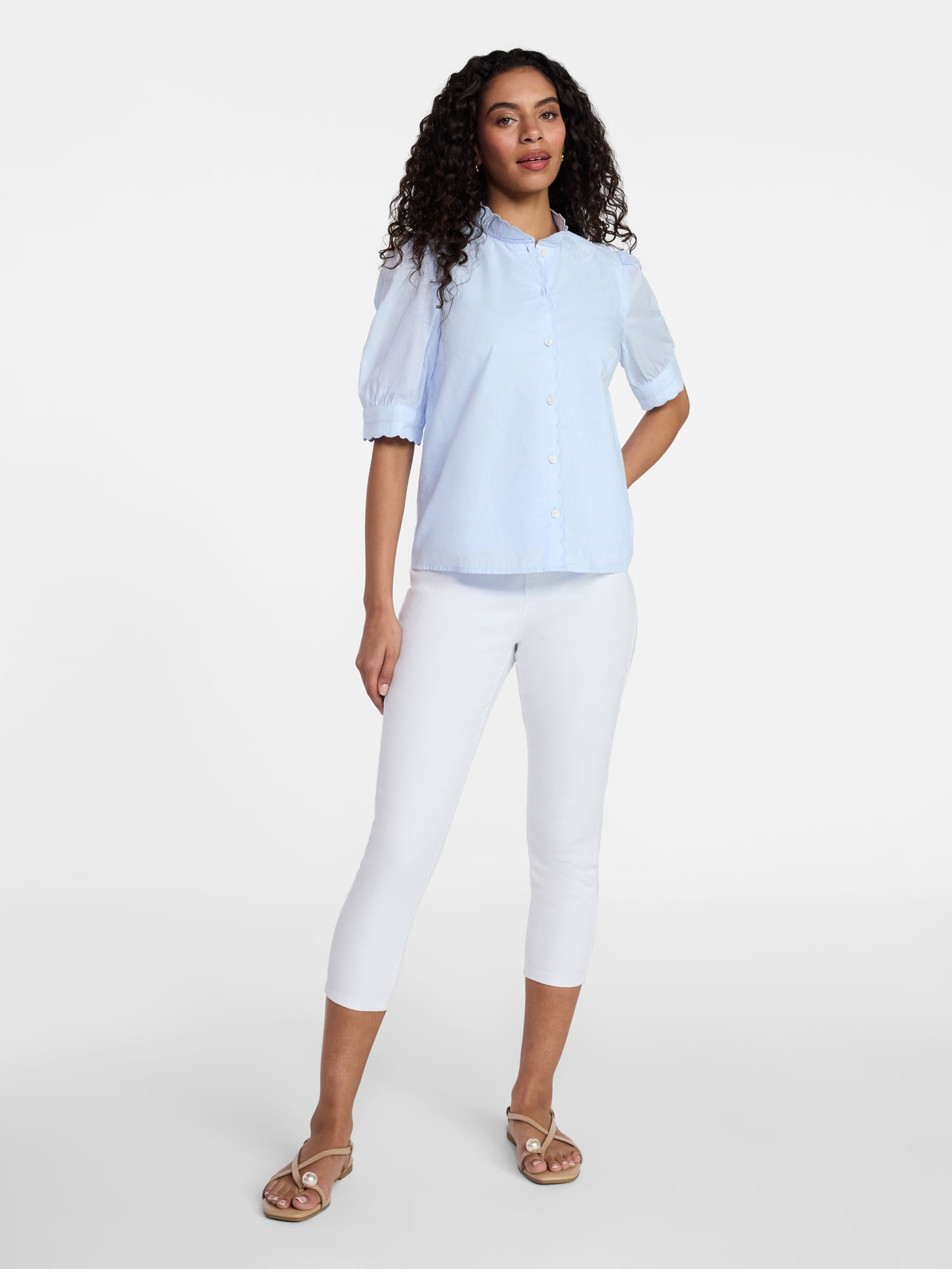 Time and Tru Women's Cotton Scalloped Edge Blouse with Short Sleeves, Sizes XS-XXXL