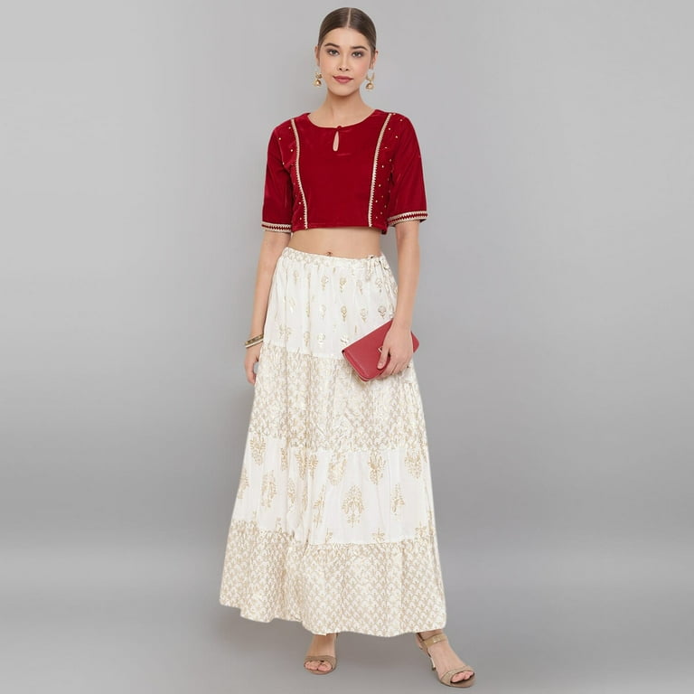 Janasya Indian Keyhole Neck Half Sleeve Embellished Maroon Velvet Stitched Blouse For Women