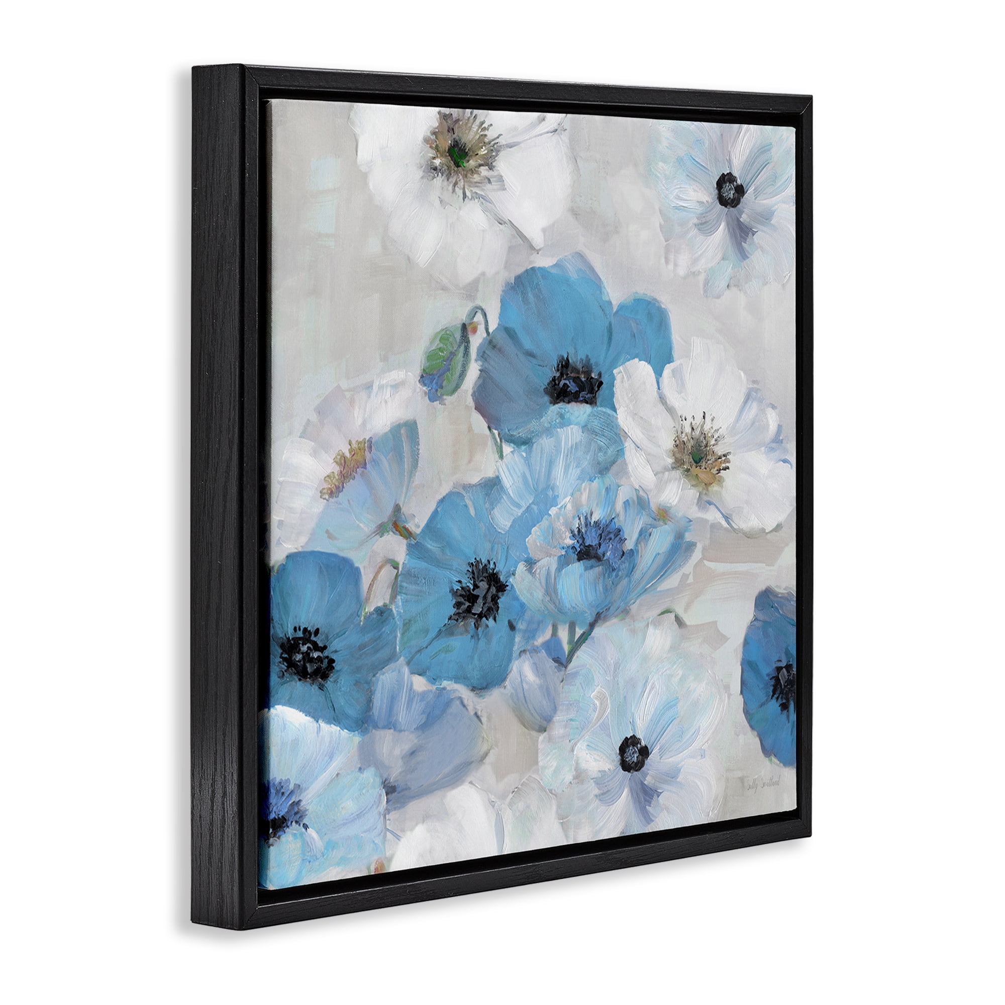 Stupell Industries Blue & White Flowers Plants & Flowers Painting Black Floater Framed Canvas Art Print Wall Art, 18 x 18