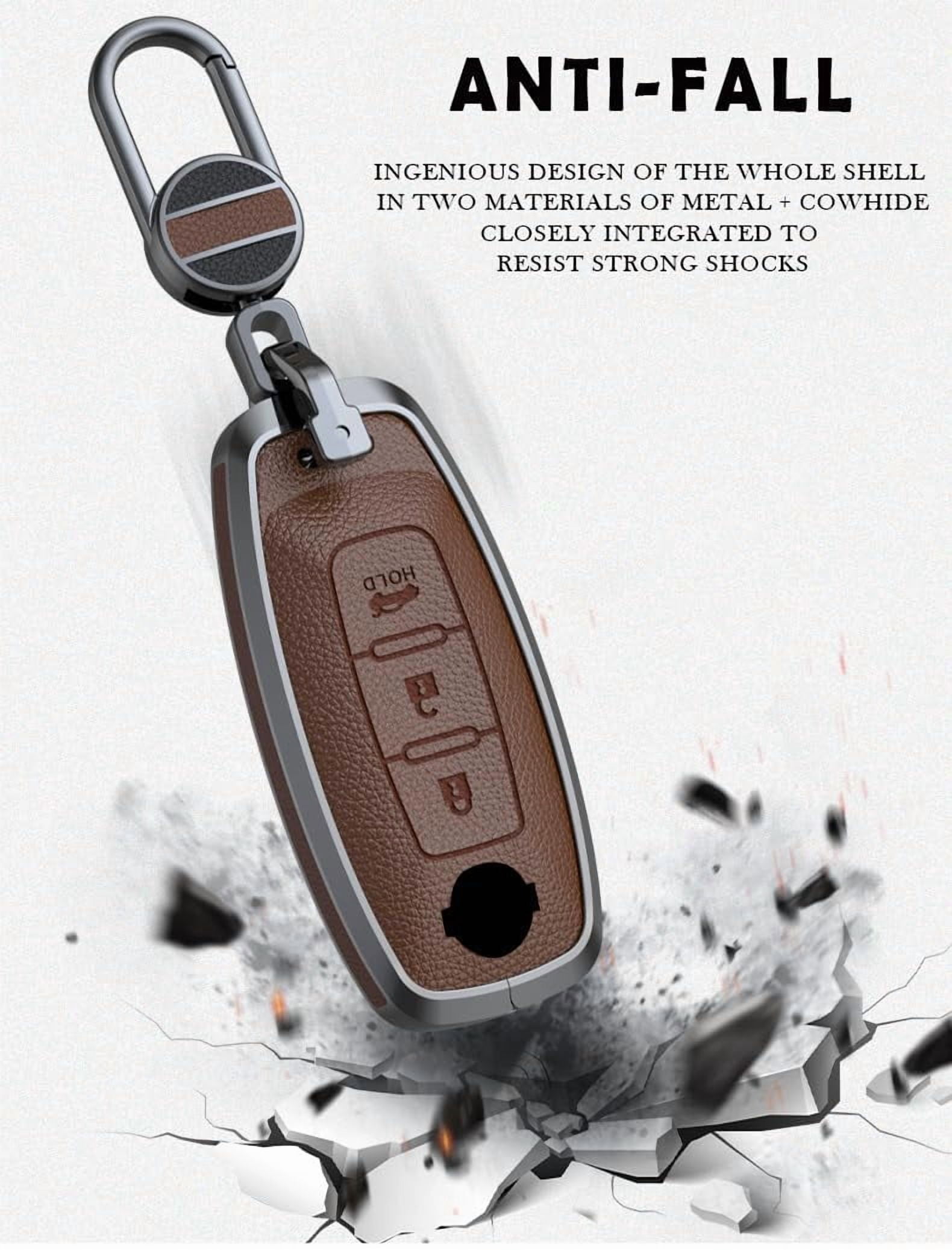 Metal Key Fob Cover with Keychain 4 Buttons Leather Key Case Holder Fit for Nissan X-trail Car Key Accessories
