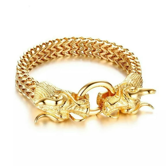 22.5cm Men's Dragon Bracelet Stainless Steel 18K Gold Plating 12mm Chain Jewelry