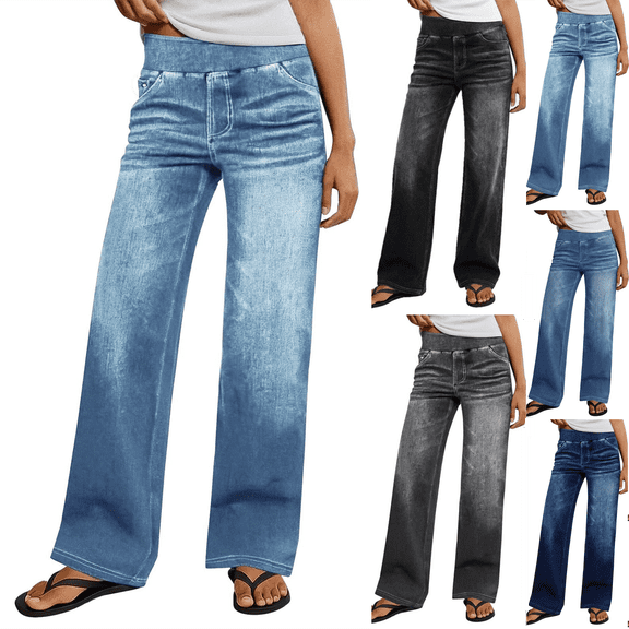 Dvprdro Womens Pull On Elastic Waist Jeans Stretch Denim Pants with Pockets Loose Fit Casual Long Trousers