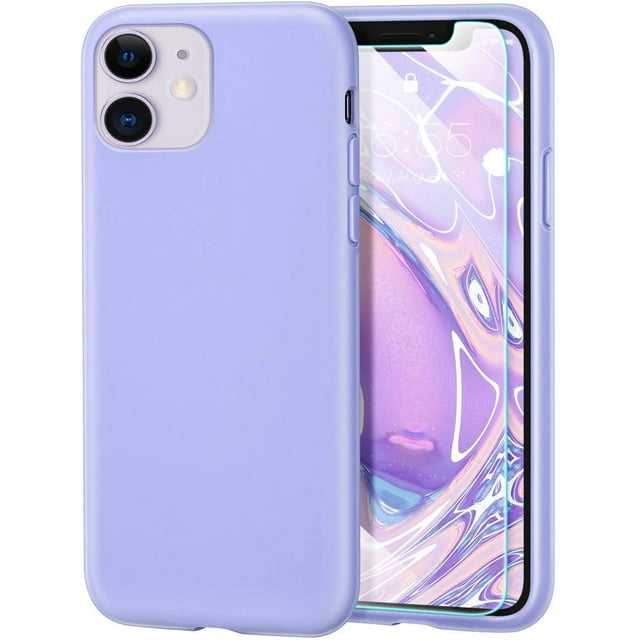 IBAOLEA iPhone 11 Case with Screen Protector, Liquid Silicone Gel Rubber Shockproof Slim Shell with Soft Microfiber Cloth Lining Cushion Cover for iPhone 11 6.1 inch (2019)-Pine Green Light Purple