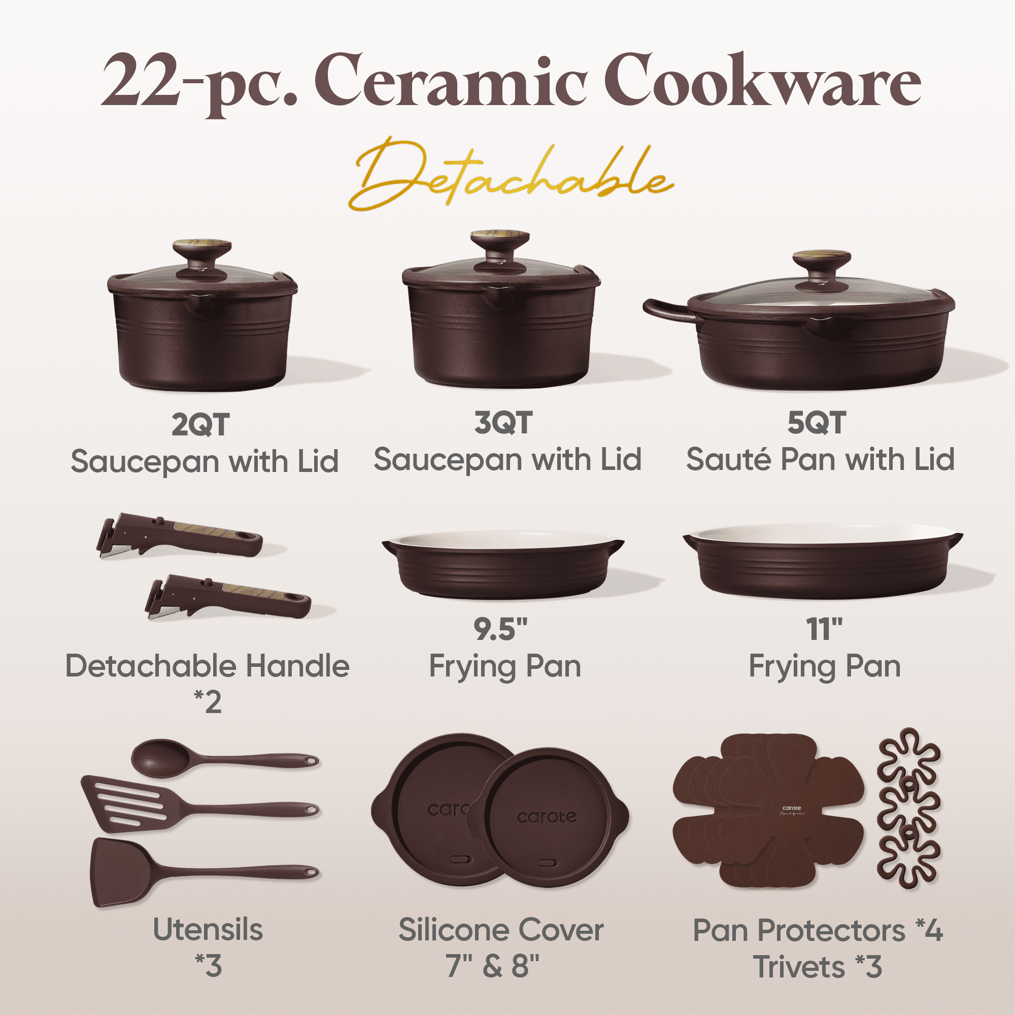 Carote 22 Pcs Ceramic Cookware Set, Pots and Pans with Detachable Handles, Oven Safe, Induction Cookware, Stackable Kitchen Cooking Set, Brown