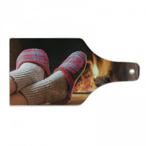 Fireplace Cutting Board, Relaxing Home Photo with Cozy Socks and Slippers Blurred Flame Background, Decorative Tempered Glass Cutting and Serving Board, in 3 Sizes, by Ambesonne
