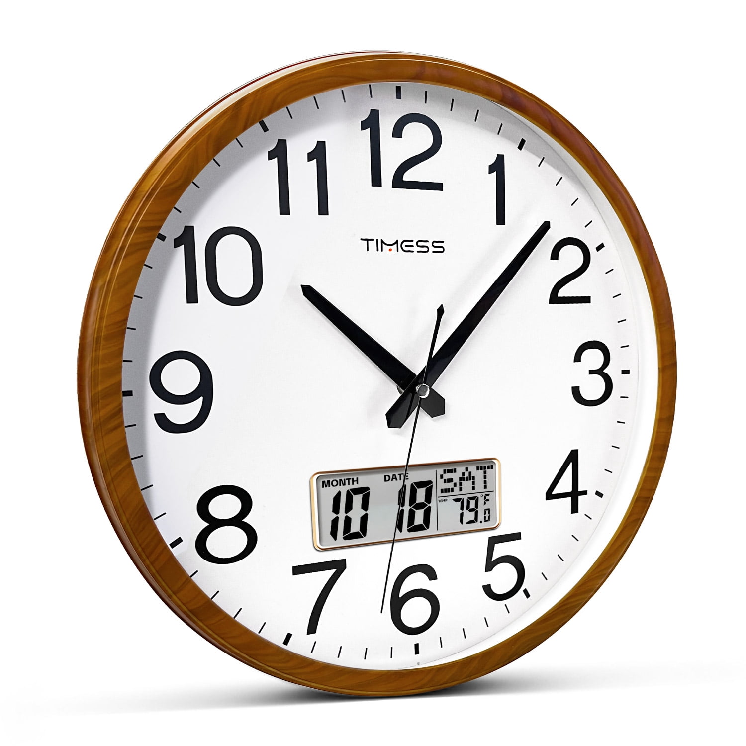 TIMESS 13" Digital Wall Clock with Light Wood Frame, Built-in Calendar & Thermometer, Quiet Quartz