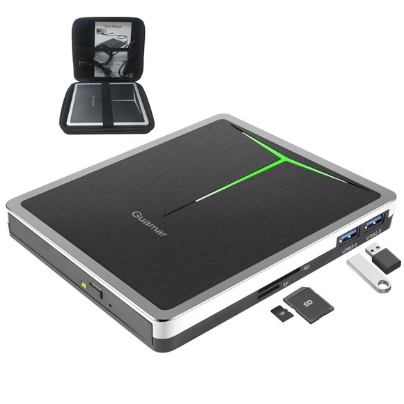 Guamar Unidad de CD DVD Externa, Grabadora de CD USB C Reproductor de DVD para computadora portátil con Ranura SD TF 2 Puertos USB, Unidad de Disco óptico portátil Lector de CD/DVD ROM para PC Mac Esc