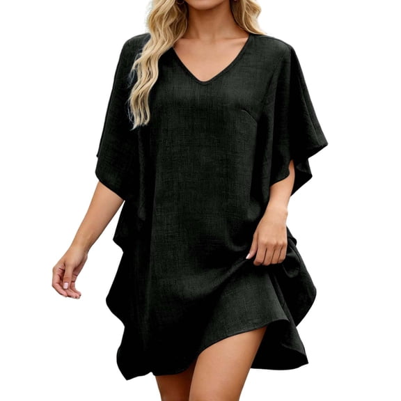 DHFJKG Summer Dresses Women Batwing Short Sleeve Solid Color Loose Fit V Neck Tunic Mini Dress Casual Daily Wear Trendy Dresses