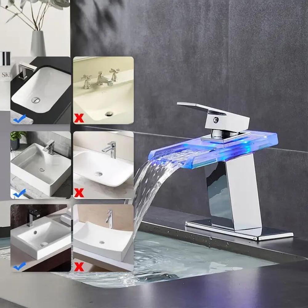 LED Bathroom Sink Faucet Chrome Waterfall Single Hole Handle Vanity Faucet