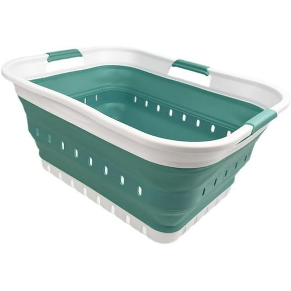 42L (11 gallon) Collapsible Plastic Laundry Basket - Foldable Pop Up Storage Container/Organizer - Space Saving Hamper/Basket (1, White/Celadon Green)