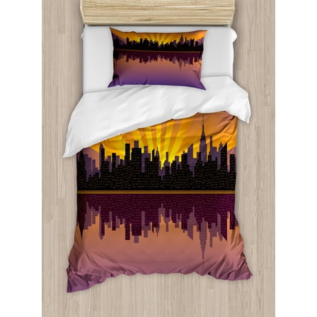 City Duvet Cover Set Twin Size, Silhouette of Manhattan from the East River Cityscape, Decorative 2 Piece Bedding Set with 1 Pillow Sham, Charcoal Grey Eggplant Marigold Mauve Taupe, by Ambesonne