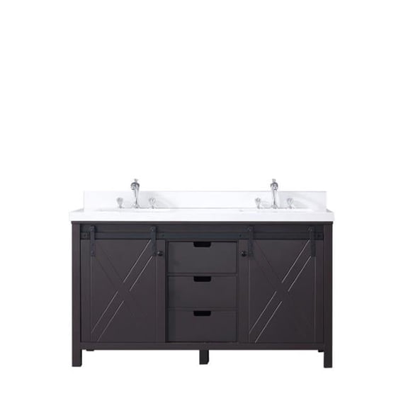 60 in. Marsyas Double Vanity with White Quartz Top, White Square Sinks & No Mirror - Brown