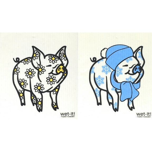 Wet-It! Swedish Treasures Dishcloth & Cleaning Cloth - Set of 2 - Daisy Pig & Winter Pig - (Paper Towel Replacement)