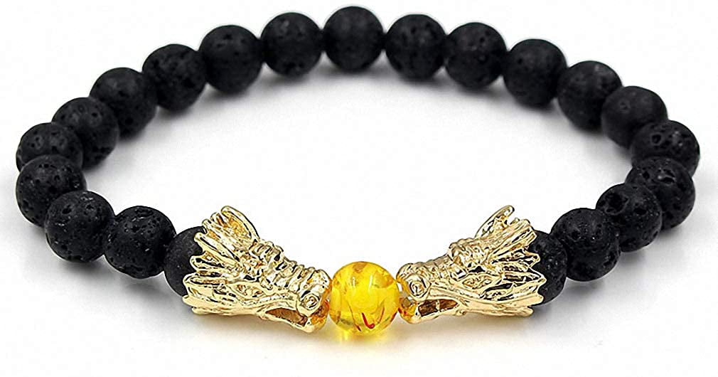 Bead Bracelets for Men and Women Natural Black Lava & White Howlite Buddha Dragon Beaded Stone Bracelet Good Luck Charm Jewelry Gift Adjustable 