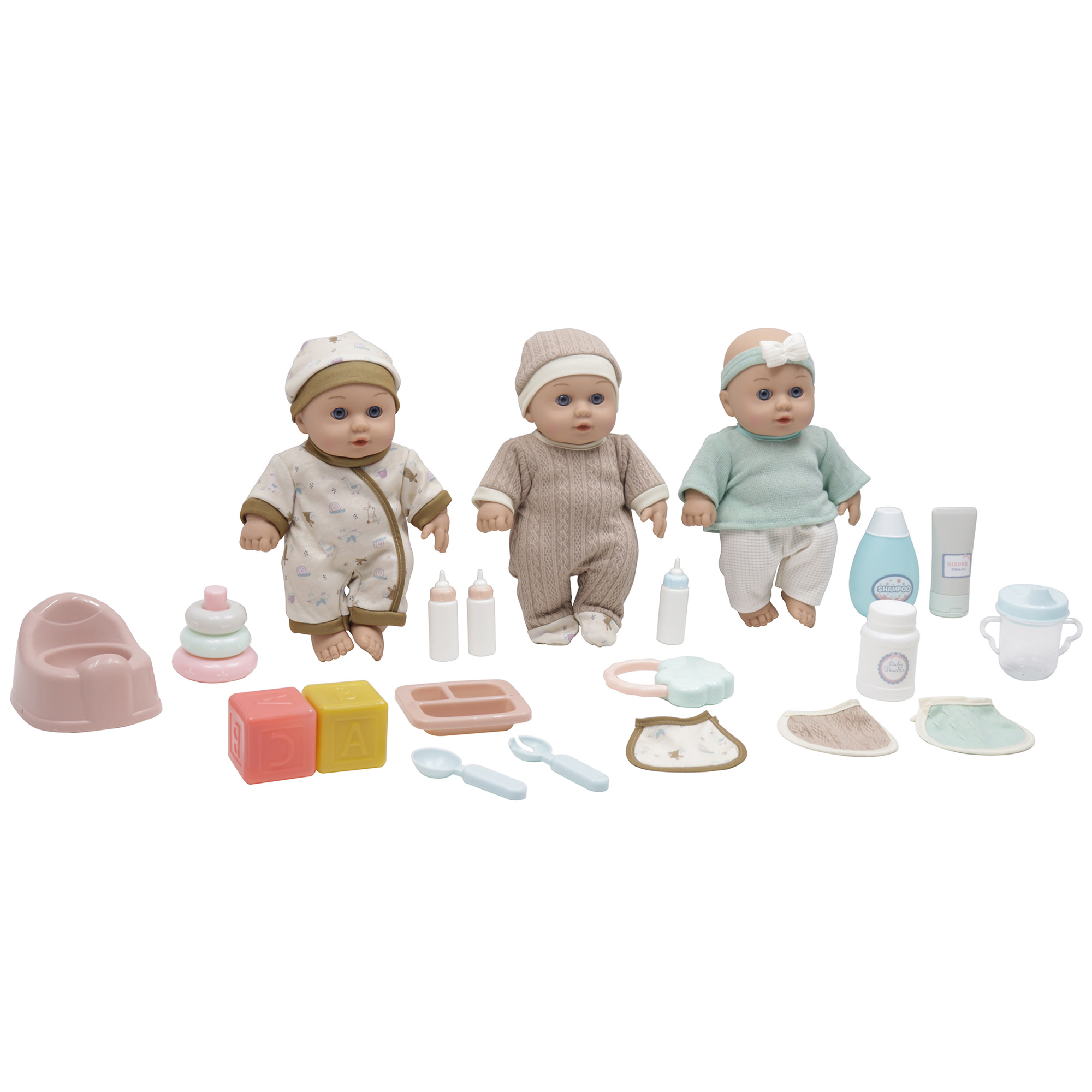 Baby Dreami: 14" Baby Doll Triplets Care Playset - Brown & Teal Outfits, 19pc Nurturing Accessories, Potty-Feeding-Bathing, Play Toys, Kids-Toddler 2+