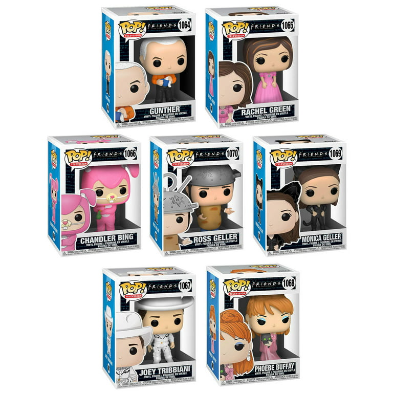 Funko Pop! TV Set of 7 - Friends: Gunther, Rachel in Pink Dress, Chandler  as Bunny, Cowboy Joey, Music Video Phoebe, Monica as Catwoman and Ross as