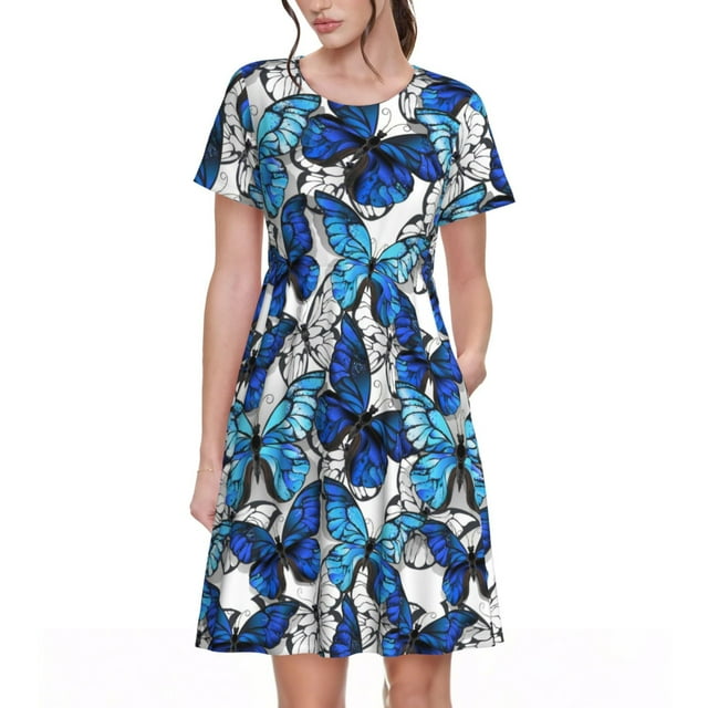 Fotbe Blue and White Butterflies Vestido Largo de Moda para Mujer, Vestido Tipo Camiseta con Manga Corta y Estilo Casual a Rayas y Bloques de Color