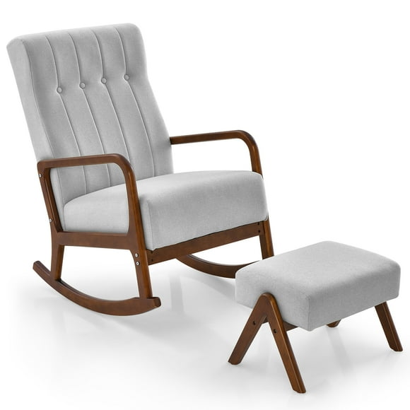 Costway Rocking Chair with Ottoman Upholstered Fabric Glider Rocker Solid Wood Grey