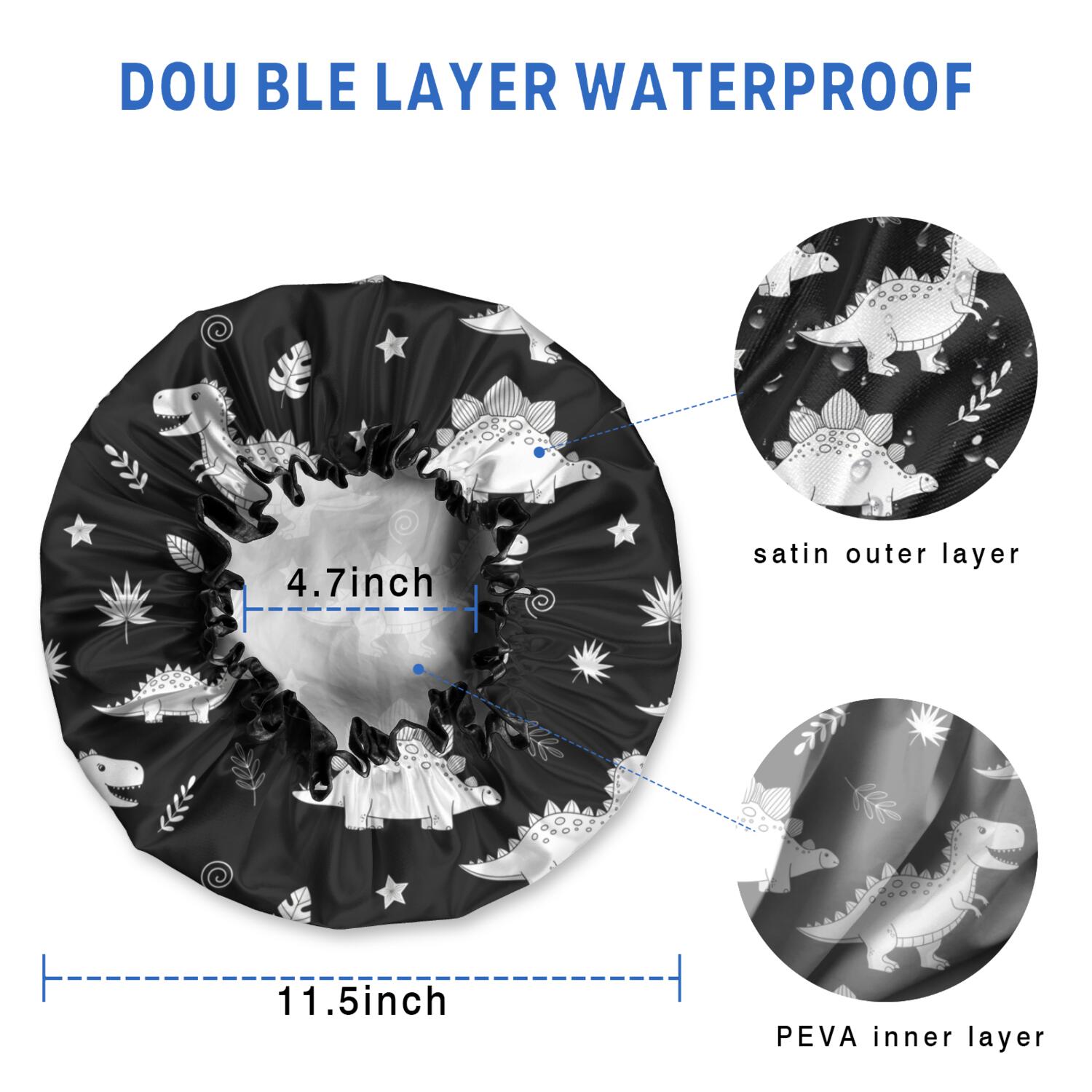 Shower Caps,Black Dinosaurs Leaves Stars Pattern Waterproof Shower Cap for Women 4 Pieces,Double Reusable Hair Cover for Shower PEVA Elastic Stretch Hem