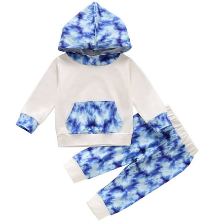 

Odeerbi Baby Boy Girl Clothes Toddler Outfit Infant Hooded Long Sleeve Rainbow Tie-Dyed Print Tops Pants Outfits Blue