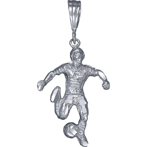 Sterling Silver Soccer Player Charm Pendant Necklace 1.7 Inches with Diamond Cut Finish and 24 Inch Figaro Chain