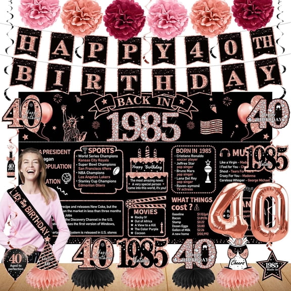 40th Birthday Decorations for Women, Vintage 1985 Party Supplies, Rose Gold Happy 40th Banner, Backdrop, 40 Balloon, Honeycomb Centerpieces, Hanging Swirls, Sash, Wall Table Decor, Photo Booth Props
