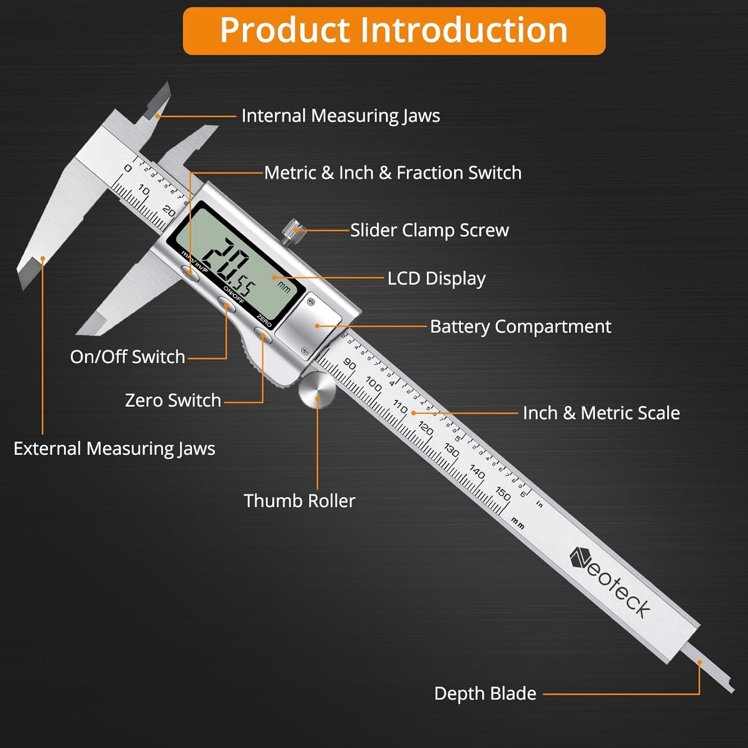 Neoteck 6" Digital Caliper, Stainless Steel, LCD Display, Fraction/Inch/MM Conversion, for Inside/Outside Diameter, Depth, Step Measurement