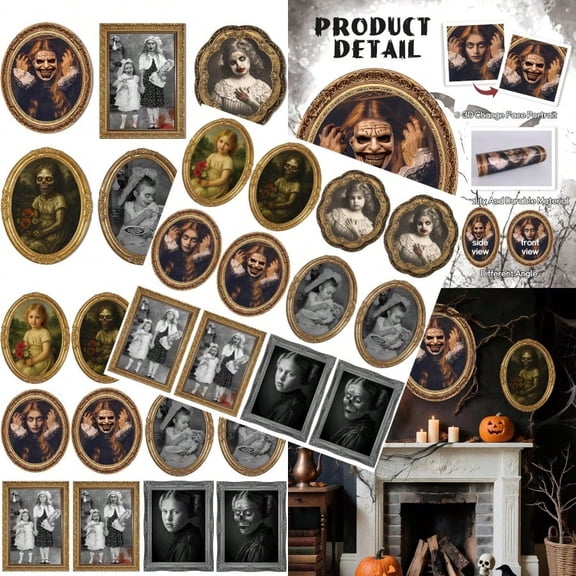 Scary Halloween Party Decoration Indoor Home Wall Decor 3D Changing Face Moving Picture Portrait Frame For Horror Spooky Party Plies Castle Haunted House Decor Style C 6 Pieces