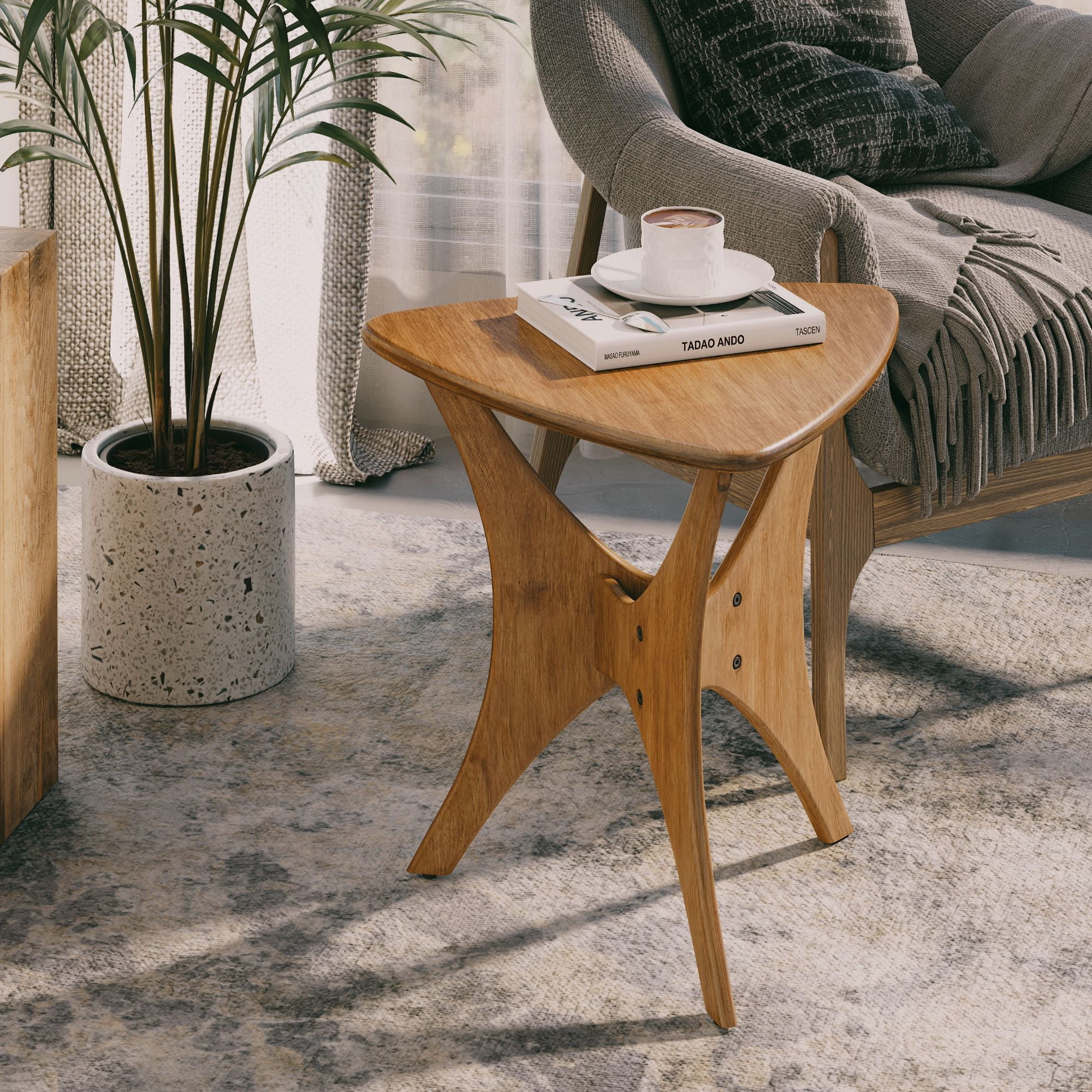 COZAYH Modern Triangle Wood End Table with Cross-Leg Rubberwood Base, Mid-Century Small Accent Side Table for Living Room, Easy Assembly, Natural, Brown