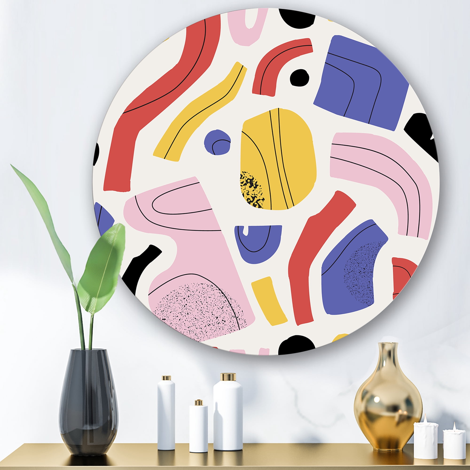 Designart 'Organic and Elements In Pink Yellow and Red' Modern Circle Metal Wall Art 23x23 - Disc of 23