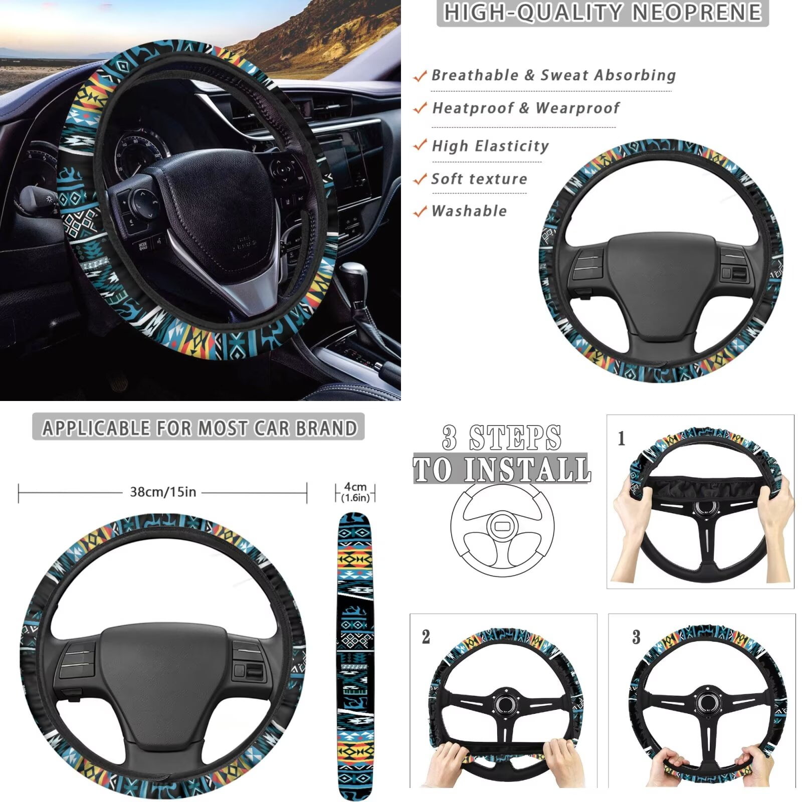 Garronmavis Aztec Cactus Pattern Universal Polyester Car Seat Covers Full Set Steering Wheel Cover Gear Shift Cover Handbrake Cover Headrest Cover Cup Coasters for Accessories Interior Sets