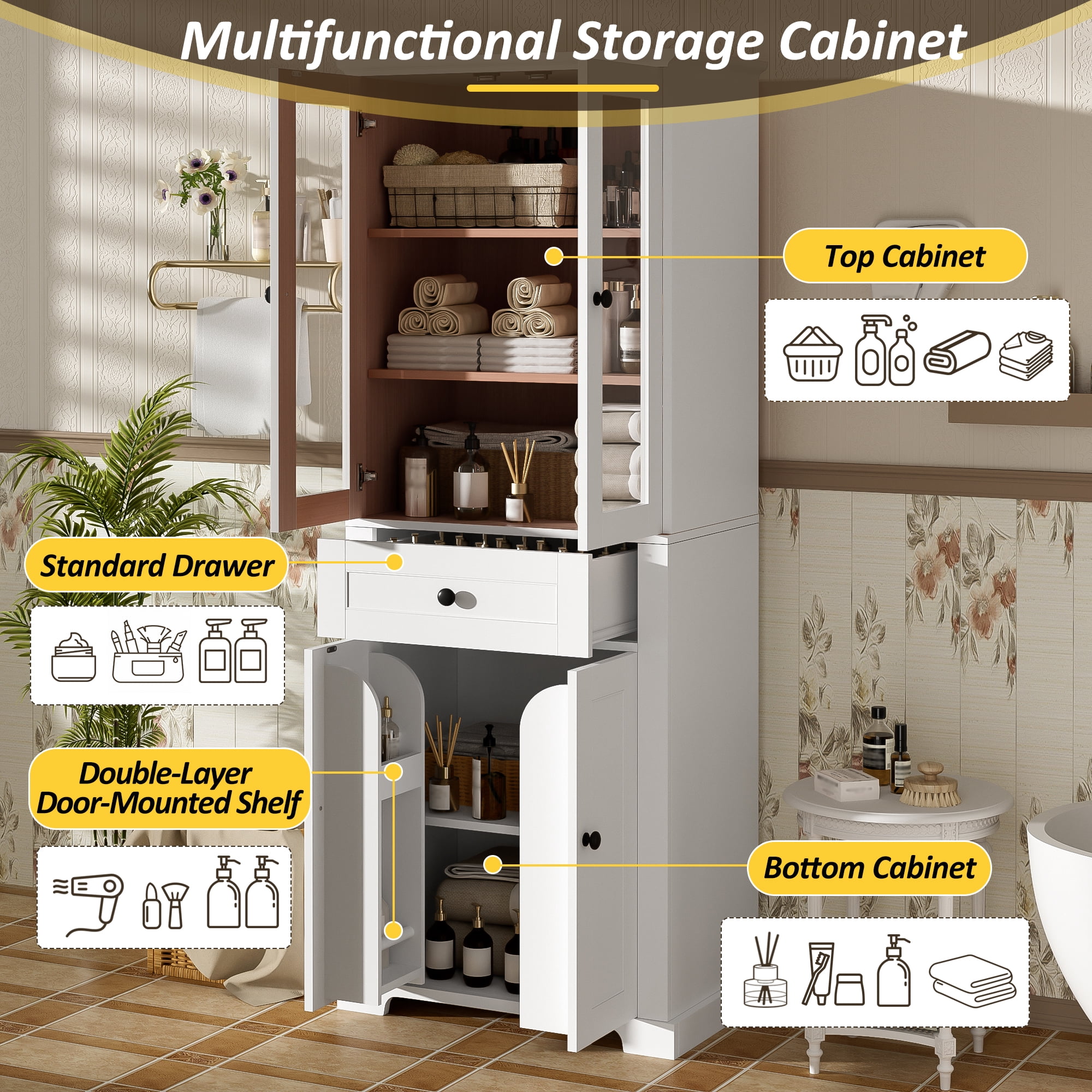 Tall Bathroom Storage Cabinet with 4 Tempered Glass Doors, Adjustable Shelves, Soft Close Drawer and Anti-Tip Kit, Freestanding Linen Tower, 67.2 Inch in White