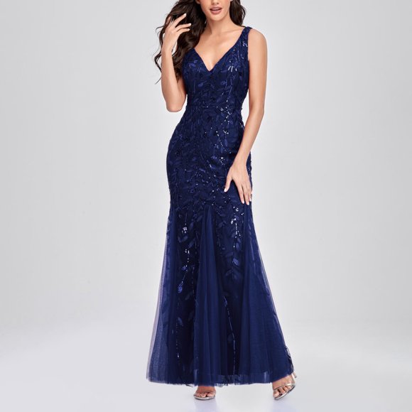 EGNMCR Summer Dresses Women Trendy Women V-Neck Embroidered Beaded Slim Sleeveless Fishtail Evening Dress