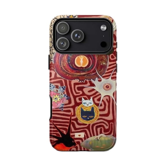 Bizarre Cats & Neuron Phone Case, Abstract Red Striped Background Art Collage, Protective Cover for iPhone 17 16 15 14 13 12 11 Pro Plus Mini
