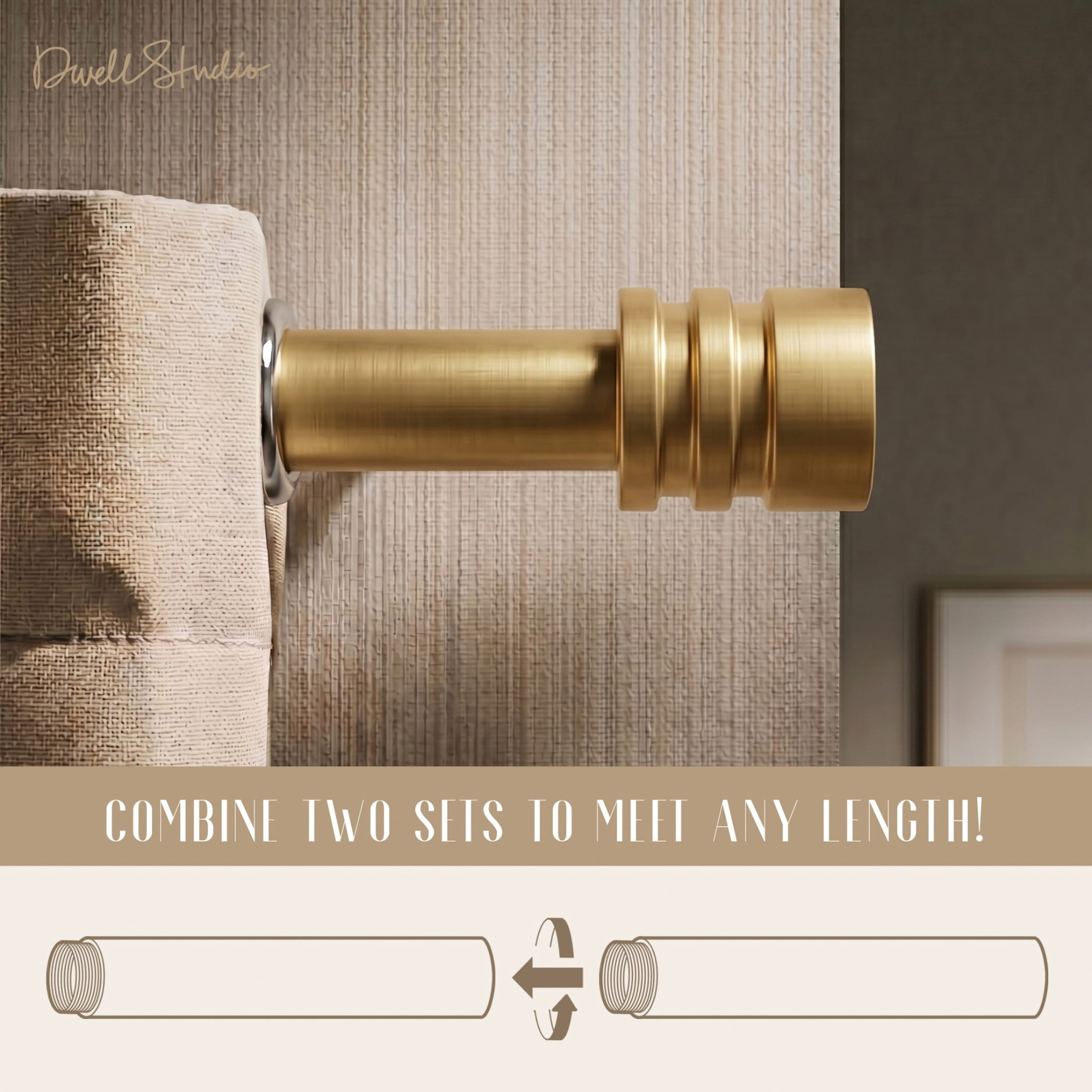 Dwell Studio, Cutomizable Curtain Rods, 3/4" Iron Material, 20 inch-120 inch Kit, Satin Brass