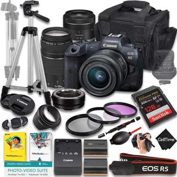 Canon EOS R5 Mirrorless Camera with RF 24-50mm f/4.5-6.3 IS STM And EF 75-300mm f/4-5.6 III Lens   Mount Adapter   128GB Memory   Extra Battery   More (26pc Bundle) (International Version)