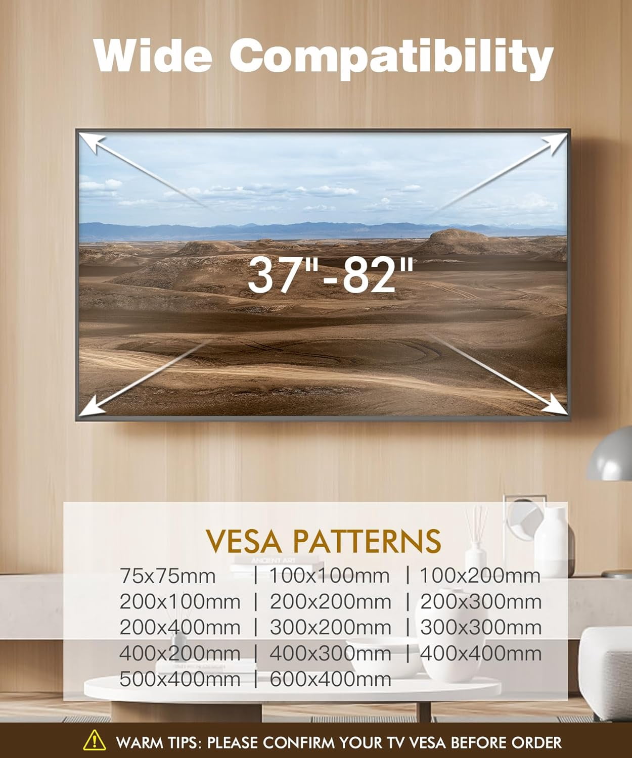 TV Wall Mount for Most 37-82 Inch, Low Profile Tilt Bracket Flat/Curved TVs with Max VESA 600x400mm, Fits 16"-24" Studs Up to 132 lbs, Black