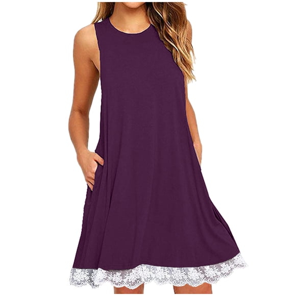 Mrat Womens Casual Tank Short Dress Sleeveless Crew Neck T Shirt Sundress Mini Beach Vacation Dress Floral Wedding Guest Dresses S-89 Purple XL