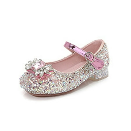 

Wazshop Girl s Princess Shoe Comfort Mary Jane Sequins Heeled Sandals Non-slip Magic Tape Pumps Girls Dress Shoes Bow Elegant Pink 8C