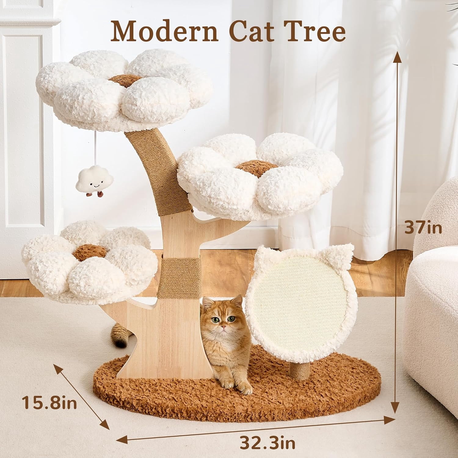 Modern Cat Tree Tower for Indoor Cats Large Adult, 37 inch Flower Cat Tree with Scratching Post, Luxury Aesthetic Cat Tree with Cloud-Soft Flower Perches and Physical Mouse-Sound Hanging Toy