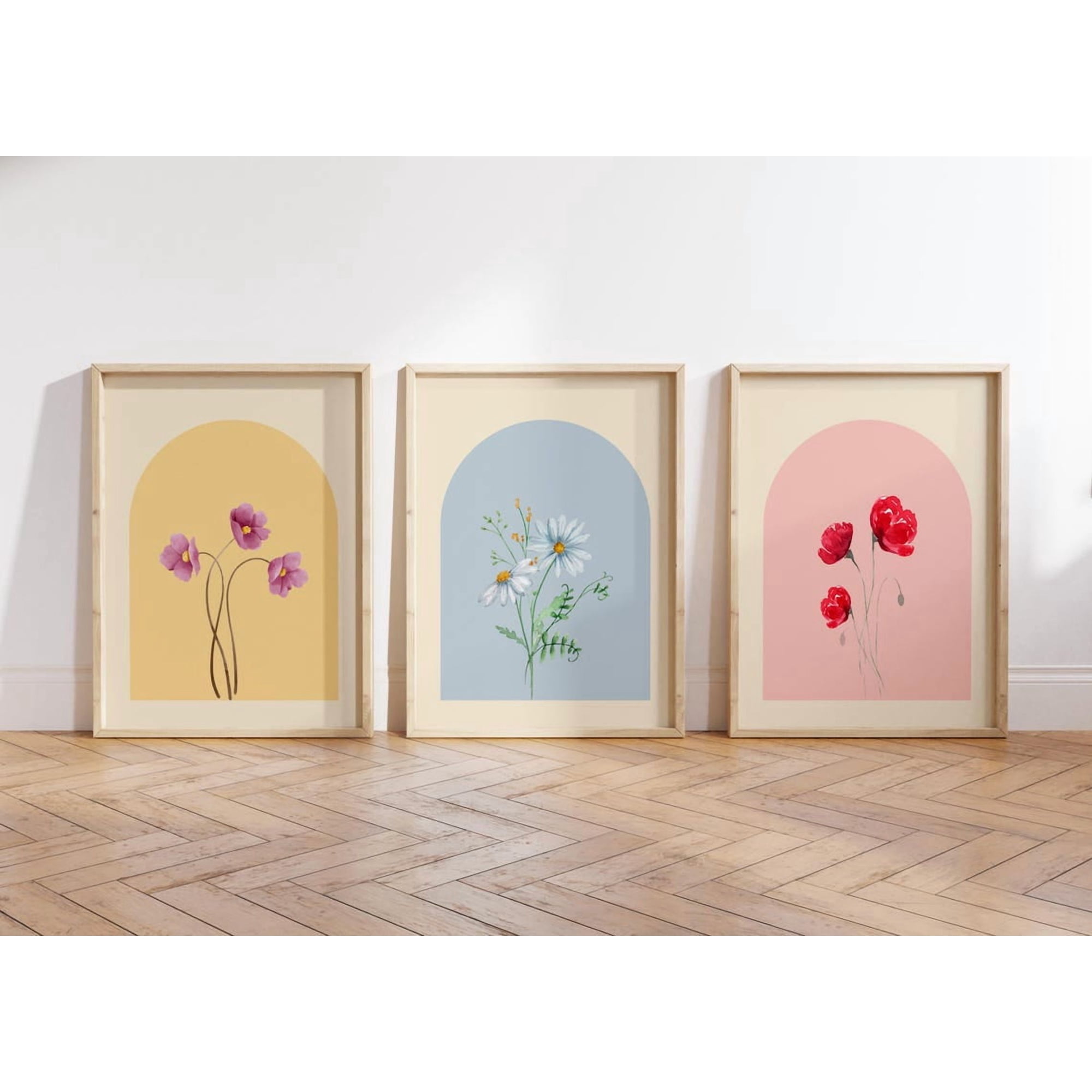 Set Of 3 Flower Wall Art Prints Wildflowers Floral Minimalist Modern Boho Bouquet Botanical Bedroom And Living Room Decor