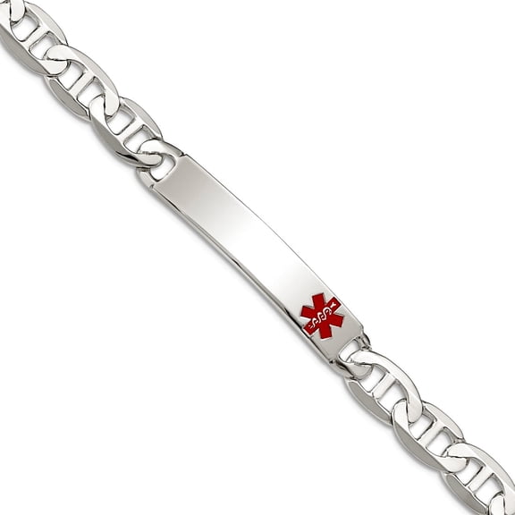 925 Sterling Silver Lobster Claw Closure Polished Medical Nautical Ship Mariner Anchor Link ID Bracelet 8.5 Inch 7mm Wid