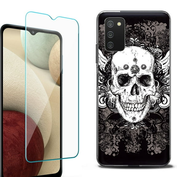 Slim-Fit Protective Fashion Phone Case (Black) for Samsung Galaxy A03s, with Tempered Glass Screen Protector, by OneToughShield ® - Grunge Skull