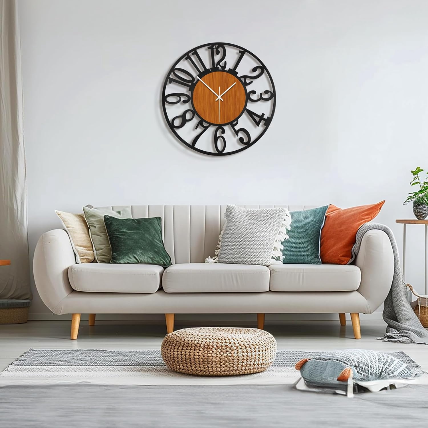OMA Large Round Wall Clock for Living Room Decor Battery Operated Non Ticking Black Metal Wood Clocks for Home Living Room Garden Office Kitchen Decoration -24 inch