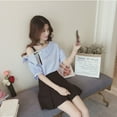 thumbnail image 6 of FANTADOOL Appliques Short Sleeve Striped Blouse Shirt Women Casual Skew Collar Puff Sleeve Blouse Women Top Blue, 6 of 7