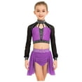 thumbnail image 3 of Haitryli Kids Girls Two Piece Ballet Lyrical Dance Outfit Long Sleeve Shiny Rhinestone Crop Top with Ruched Skirt Purple 8, 3 of 4