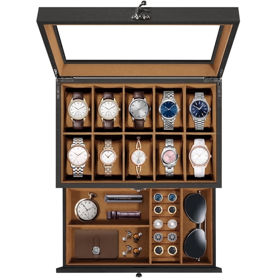 Vowella 10-Slot Watch Box with Drawer, 2-Layer Wooden Watch Case Organizer with Glass Top & Velvet Lining for Watches, Jewelry & Sunglasses, Black