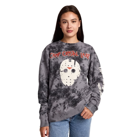 Friday The 13th Camp Crystal Lake Mask Women's Black Crew Neck Long Sleeve Fleece Sweatshirt -Medium
