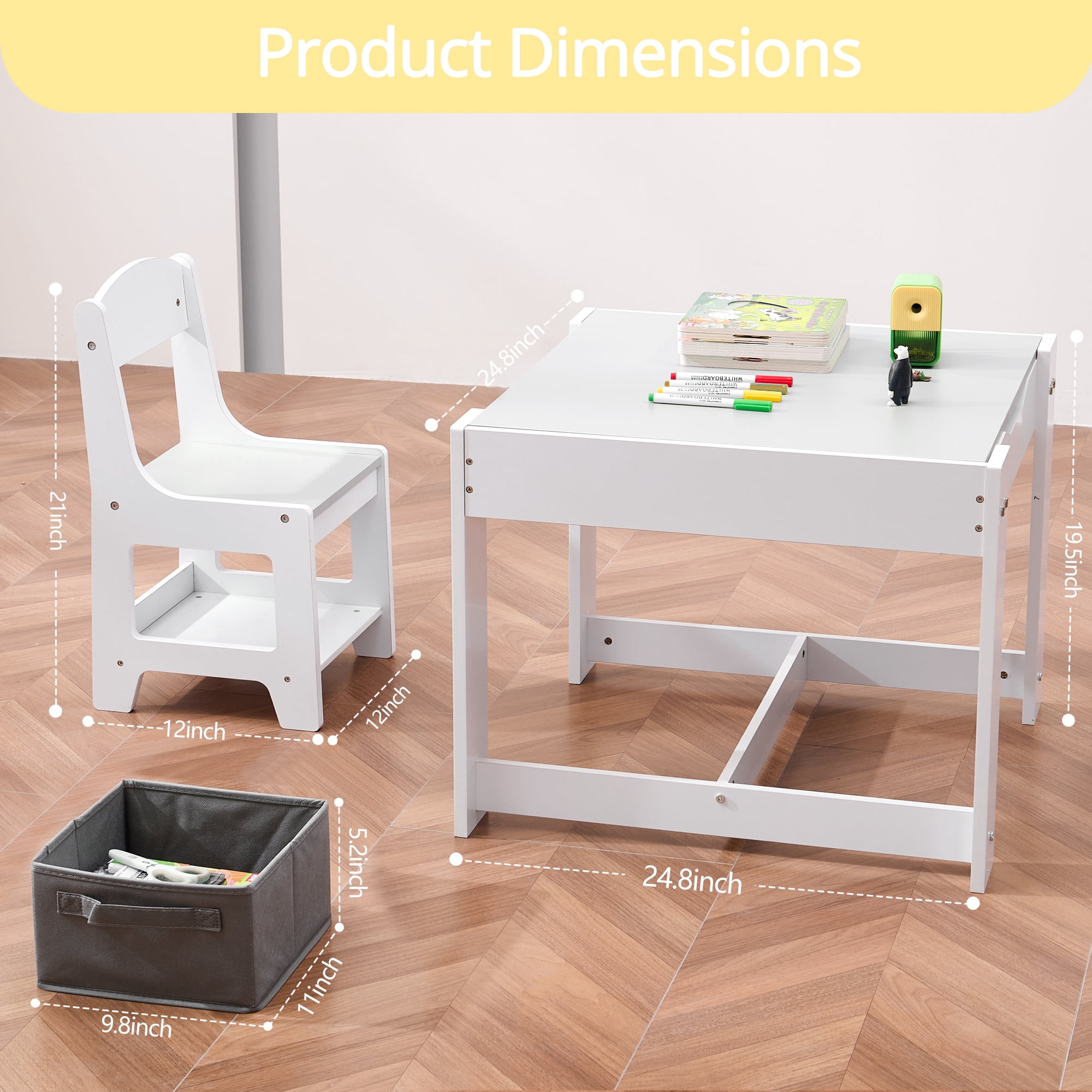 Toddler Table and Chair Set - Kids Table and Chairs with Detachable Tabletop & Storage Drawers, Kids Furniture Set for Crafts, Arts